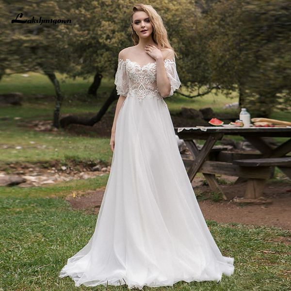 

2021 new tulle a-line wedding es off shoulder lace appliques robe mariee boho beach bride gowns vestido de noiva xpra, White