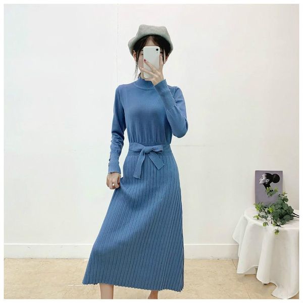 

casual dresses autumn winter womens long sleeve pleated dress elegant party wear blue knitted girl knitwear plus size pullover, Black;gray