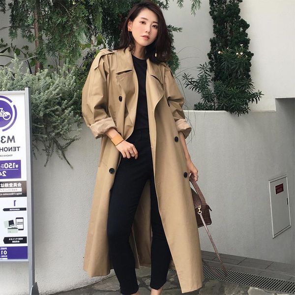 

women's trench coats 2021 spring autumn casual double breasted simple classic long with belt chic solid female windbreaker overcoat y23, Tan;black