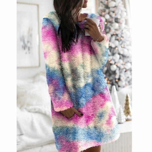 

fashion women tie-dye printed winter long sleeve o-neck casual plush faux fur loose home teddy mini dress sleepwear vestidos#g3, Black;gray