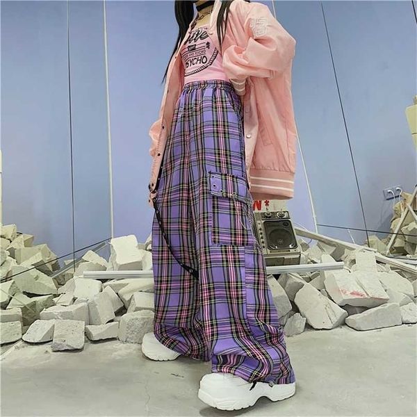 

houzhou gothic harajuku purple checked trousers women hippie chain plaid cargo pants y2k aesthetic streetwear high waist 211115, Black;white
