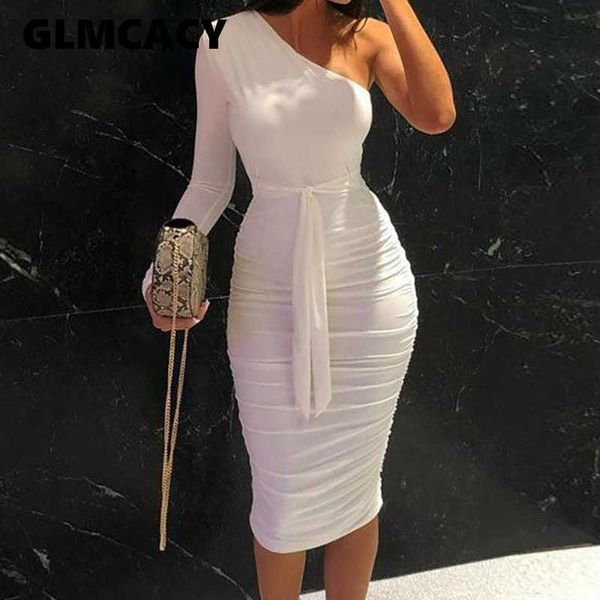 Mulheres elegante moda sexy branco cocktail festa fina encaixe vestidos um ombro cinturão ruched design bodycon midi vestido x0529