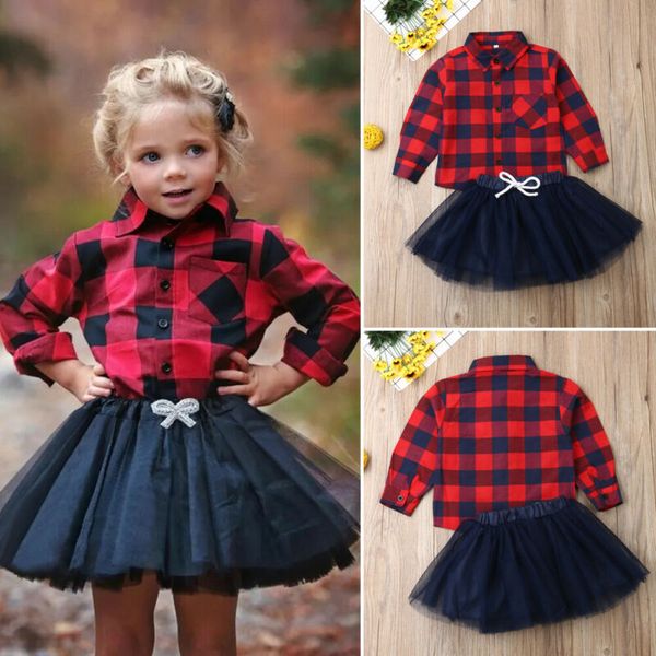 

Toddler Baby Girls 2Pcs Christmas Set Red Plaid Long Sleeve T Shirt Button Down Tops + Tulle Skirt Tutu Dress Xmas Outfits, Default color