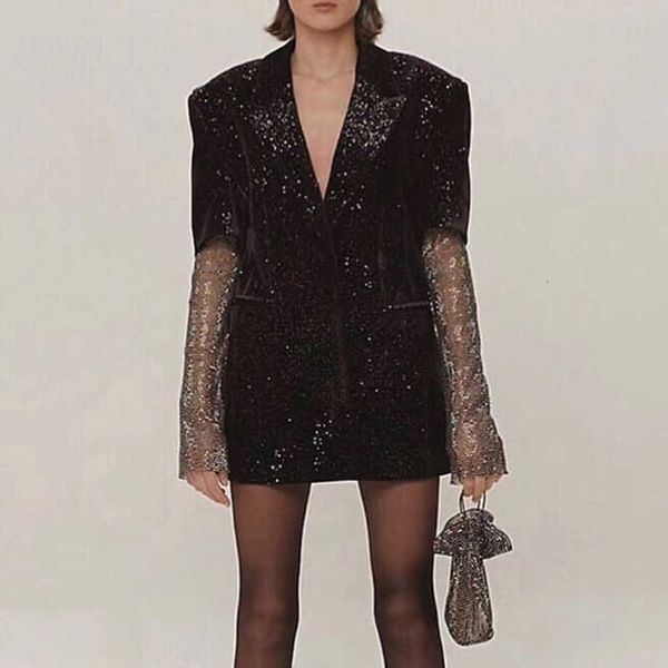 

women's wool & blends arrival female sparkly blazer sleeves fashion suite engraved jacket s9yx, Black