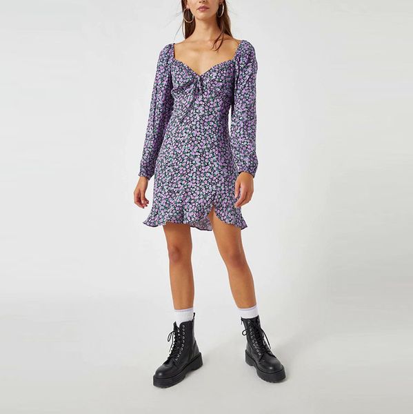 

women casual floral pirnted puff sleeve dress square collar lace up ruffles mini sweet party preppy style nx9885 210525, Black;gray