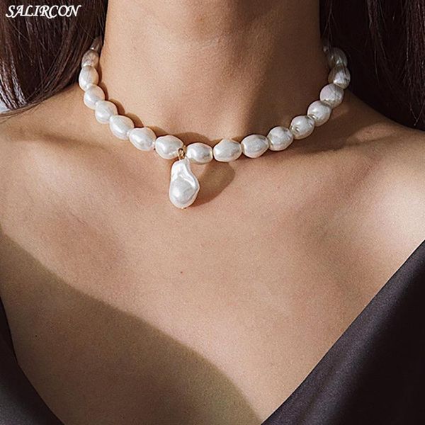 

pendant necklaces kpop irregular imitation pearl beaded chain necklace for women vintage baroque choker elegant neck jewelry gift, Silver