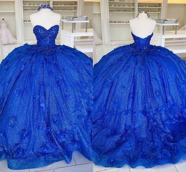 2022 Glitter Tulle Princesa Quinceanera Vestidos Bola Vestido com Flores 3D Pérolas Frisadas Sweetheart Top Lace-up Prom Sweet 16 Vestido Royal Blue