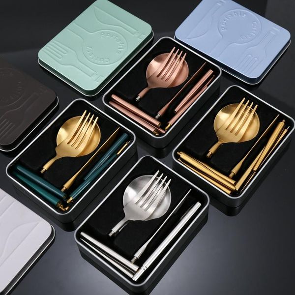 

stainless steel cutlery camping cutlery matte rose gold silverware gift set portable collapsible tableware set with metal case