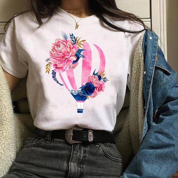 

women clothes lady graphic mujer camisetas balloon 90s trend floral print tees female t shirt womens t-shirt, White