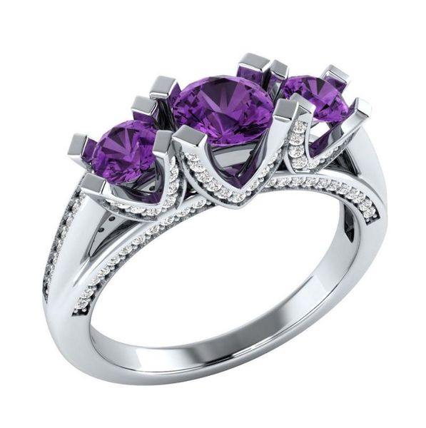 

wedding rings huitan triple stone finger ring for women charm purple cubic zircon prong setting mysterious surprise bridal, Slivery;golden