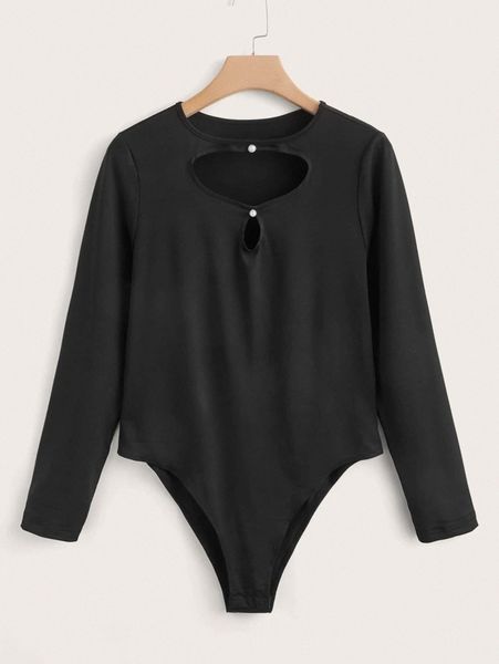 

plus keyhole neck fake button bodysuit h6ib#, Black