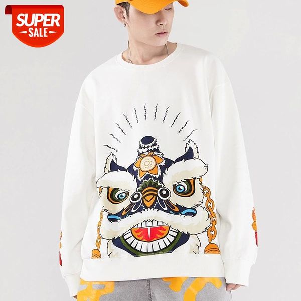 

New Chinese wind lion pattern T-shirt fashion round neck hip-hop loose size coat couple Plush sweater #0N5n, Black
