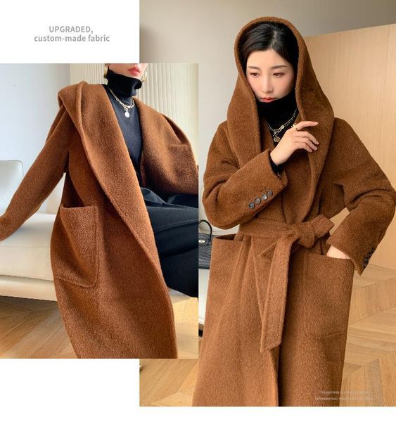 

women's trench coats in 2021, the round type manual sanctions double horn lapel cable 100% wool cashmere, Tan;black