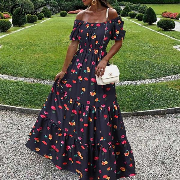 

casual dresses celmia women off shoulder bohemian dress 2021 summer floral printed holiday sundress ruffles party maxi vestidos robe 5x, Black;gray