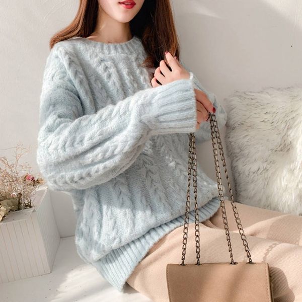 

2021 new korean style women's autumn winter thick sweaters solid long sleeve ladies jumper round neck casual knitted for female ttrb, White;black