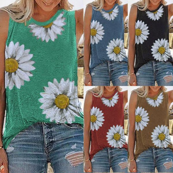 

tanks camis women summer plus size o-neck daisy printing tank sleeveless graphic fashion vest t-shirts blouses, White
