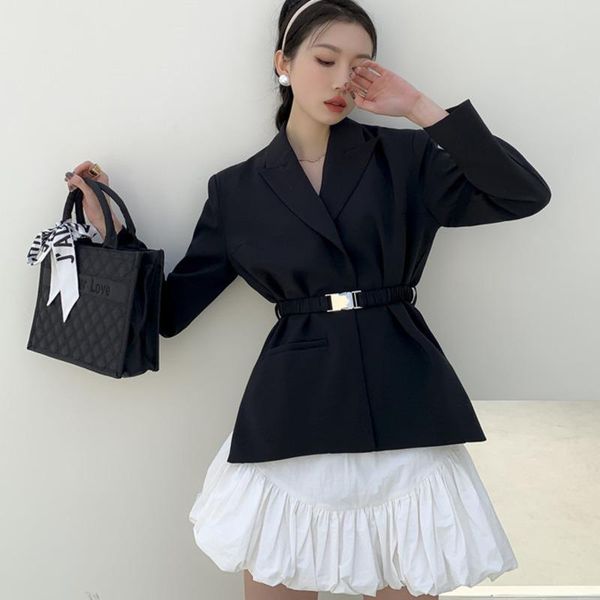 

two piece dress [ewq] ball gown skirt side slits cross belted blazer chic black coats high waist queen office clothing 2-piece set 2021 summ, White
