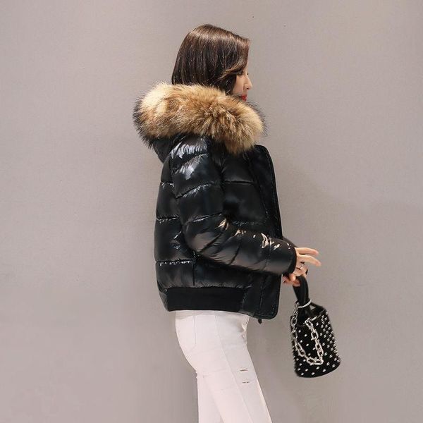 

women's jackets 2021 shiny down padded jacket short korean style slim big fur collar female fashion student, Black;brown
