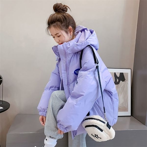 

winter down cotton jacket ladies korean loose thick hooded long-sleeved candy-colored plus size warm parka coat 211011, Black