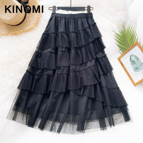 

skirts kinomi spring summer elegant ruffles tulle a-line skirt women fashion korean style high waist cake long female red, Black