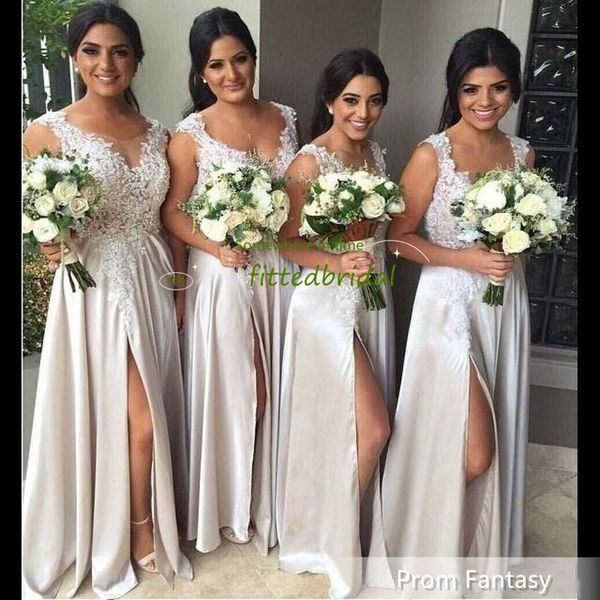

new arrival front split long bridesmaid dress jewel neck elegant bridesmaids dresses lace appliques prom gowns, White;pink