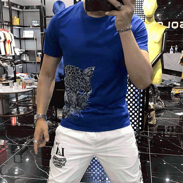 

men's t-shirts 2021 summer luxurious chic t shirts male trend leopard rhinestone streetwear slim men fashion comfortable short sleeve, White;black