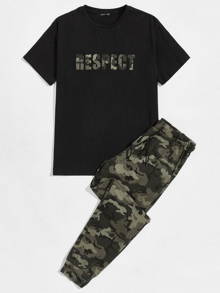 

men letter graphic & camo pants set h1of#, Gray