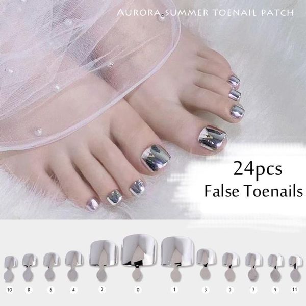 

false nails 24pcs toe aurora mirror fake press on for foot detachable acrylic girls, Red;gold