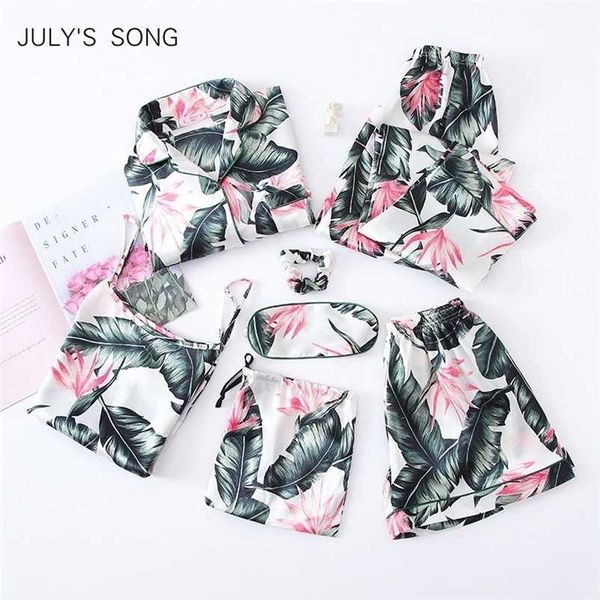 JULY'S SONG 7-teiliges Pyjama-Set für Damen, Satin, Seide, Stern- und Mondmuster, Pyjama, sexy Sling-Shorts, lange Hosen, Nachtwäsche, Lounge 211103