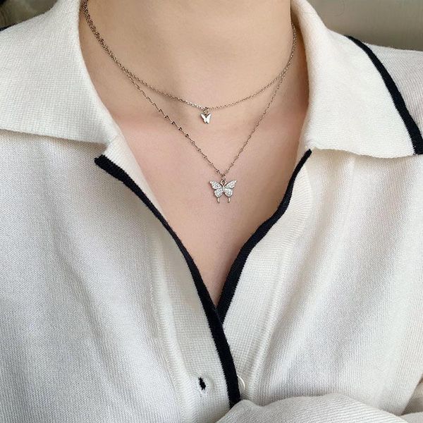 

pendant necklaces japan and south korea double butterfly necklace minority design sense simple fashion temperament clavicle chain, Silver