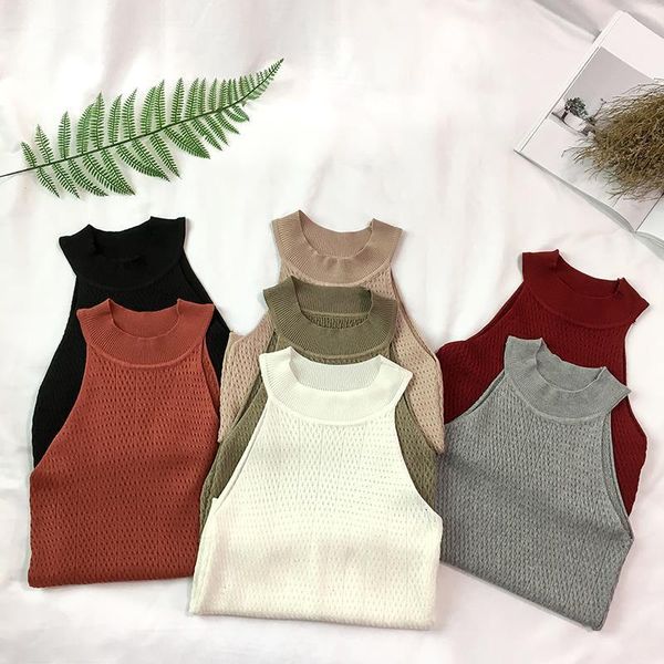 

knit camis women knitting off shoulder tank crop girls knitted camisole sleeveless short tee shirts for woman, White