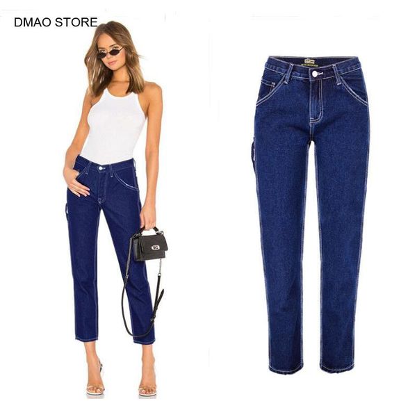 

women's jeans 2021 spring mid waist denim pants classic blue street wear straight leg multi pockets design slim fit fashion
