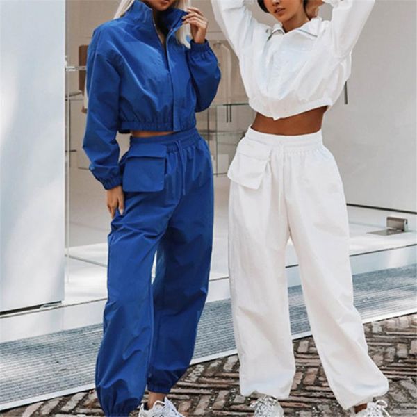 

women's two piece pants casual loose set woman 2 pieces pocket stand collar zipper sweatshirts high waist wide leg tracksuit female, White