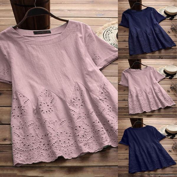 

women vintage solid floral hollow out hem tee elegant ladies o neck short sleeve hollow out blusas femininas elegante 0711, White