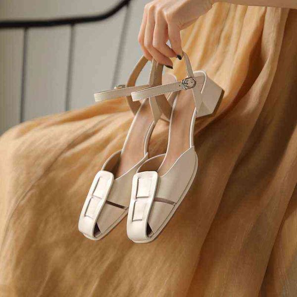 

sandels new cow leather women sandals covered toe back strap chunky heel shoes solid buckle mid for 220303, Black