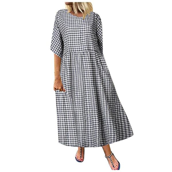 

casual dresses plus sized plaid woman's dress o-neck half sleeve ankle-length literary temperament summer ropa mujer, Black;gray