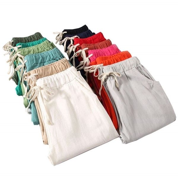 

lace up summer pants women sweatpants pantalon femme candy colors cotton linen harem casual plus size trousers c5212 211115, Black;white