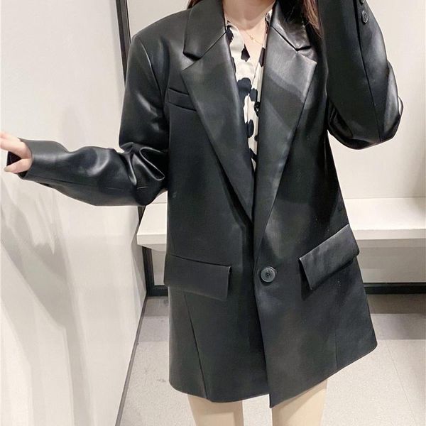 

black vintage pu faux leather women's jacket single botton solid medium female coat fashion spring autumn casual suit streetwear