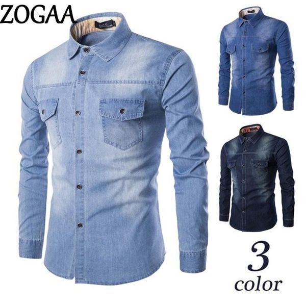

men's casual shirts zogaa men long sleeve denim shirt mens dress male single-breasted jean street wearing, White;black