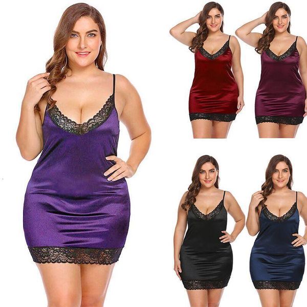 

2020 fashion summer plus size fat mm women sheer sling lingerie nightgowns homewear elegant lace satin nightdress sleepwear, Black;red