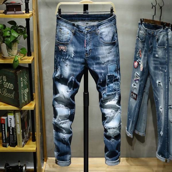 

spring and summer hole patch 9-point stretch jeans men's slim little feet handsome personality beggar pants casual wearwinter, Blue