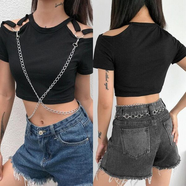 

women's blouses & shirts summer women cold chain shoulder t-shirt crop short sleeve slim black girl lady bodycon outfit t shirt te, White