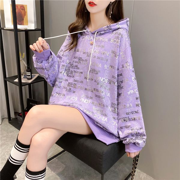 

2021 new autumn letter print women's loose drop shoulder long sleeve hooded drawstring fashion sweatshirt qivb, Black