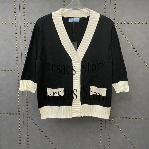 

women's knits & tees luxury design fashion contrast color knitted cardigan temperament v-neck seven sleeve, White