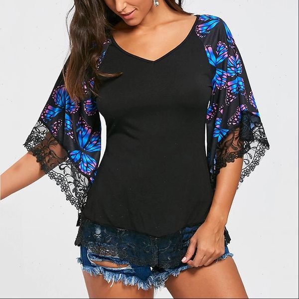 

2021 fashion new womens and summer 3 4 sleeve lace blouse v neck casual large plus size 4xl, White