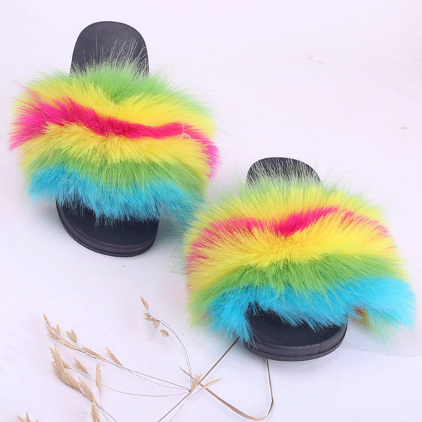 

fashion faux fur slipeprs women furry fluffy slippers outdoor indoor home flat shoes big size flops fur slides dropshopping, Black
