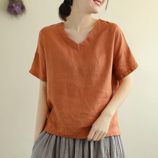 

solid color v-neck short sleeve summer t-shirts for women cotton linen clothing casual soft 2021 female korean t-shirt, White