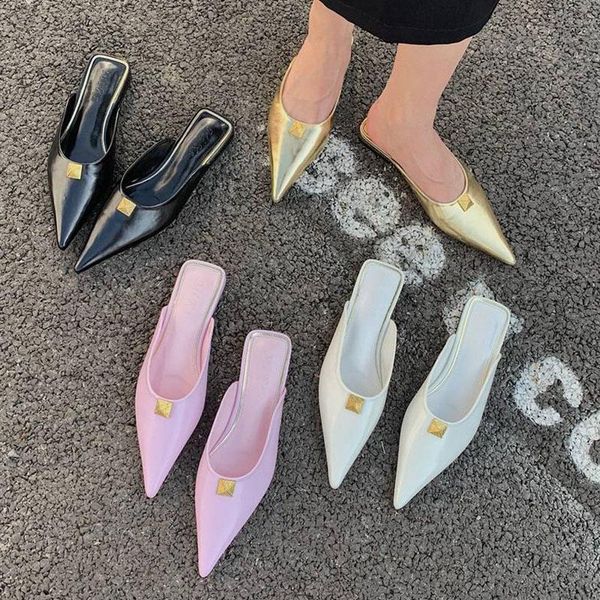 

2021 spring flats pointed toe slippers women slip on mules casual female shoes rivet slides outdoor flip flops zapatillas mujer, Black