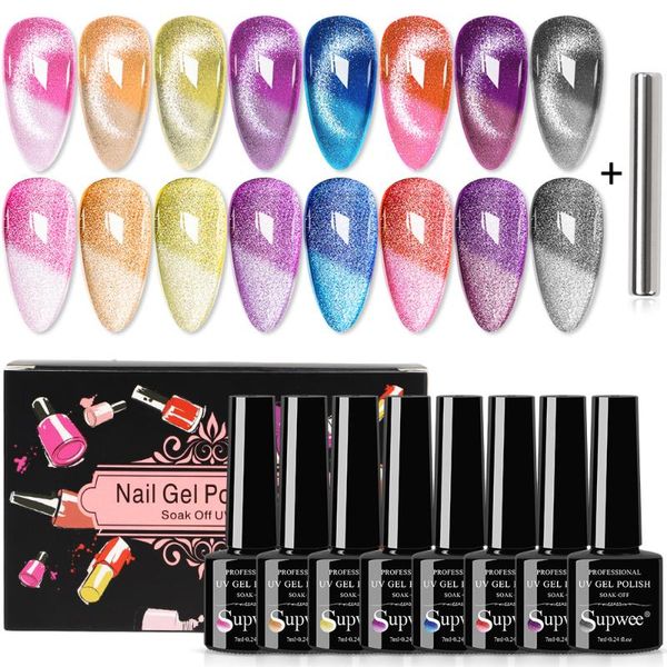 

nail gel supwee 8pcs/set polish set temperature change 9d spar magnetic cat eye varnishes soak off uv lamp with box, Red;pink