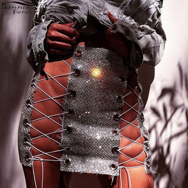 

bonnie forest glitter crystal slit cross chain skirt 2021 summer shining diamond skirts metal clubwear charming party, Black